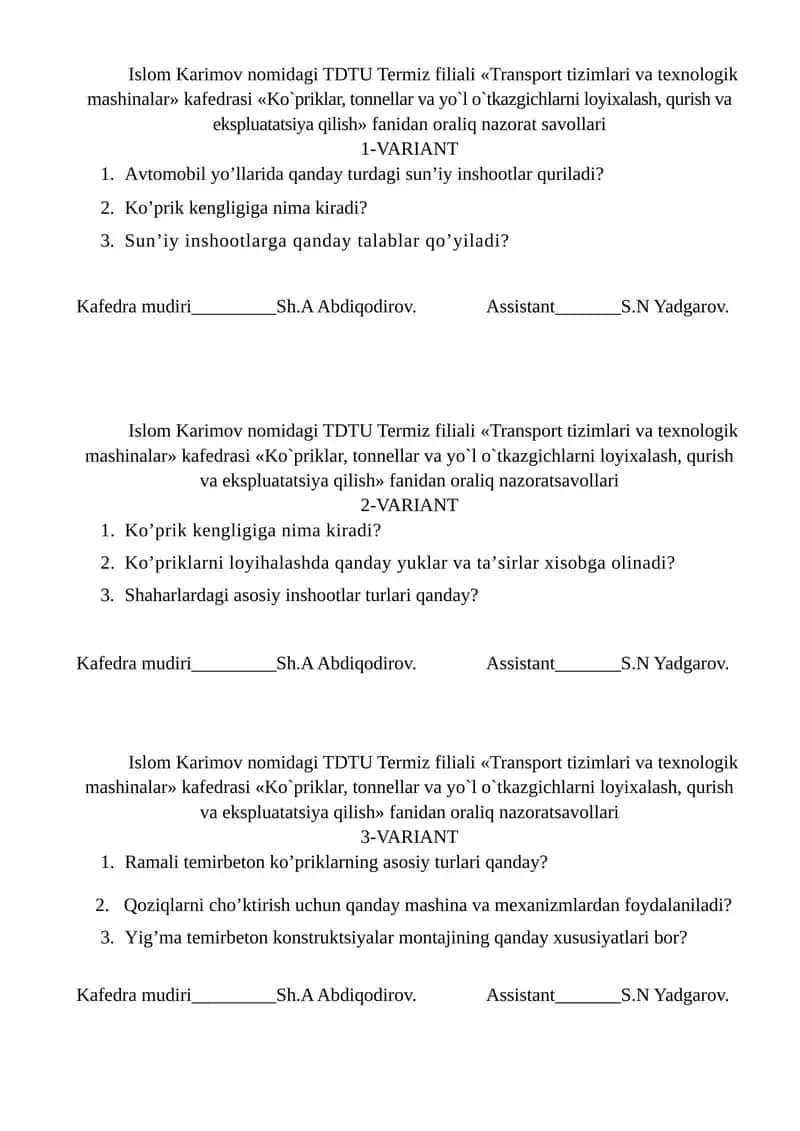 Ko`priklar, tonnellar va yo`l o`tkazgichlarni loyixalash, qurish va ekspluatatsiya qilish