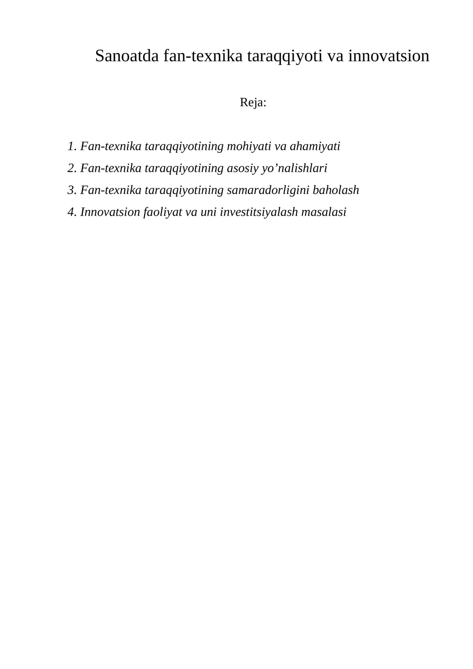 Sanoatda fan-texnika taraqqiyoti va innovatsion