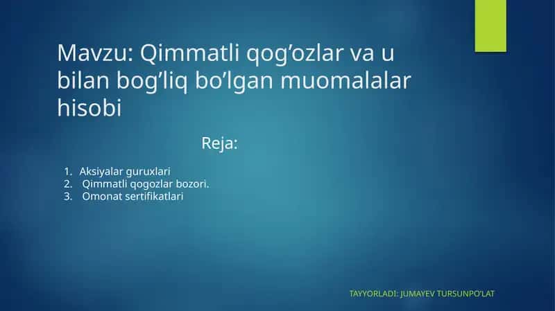 Qimmatliq og'ozlar va ubilan bo'lgan muomalalar hisobi