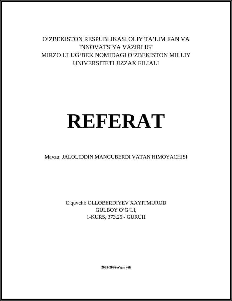 JALOLIDDIN MANGUBERDI VATAN HIMOYACHISI