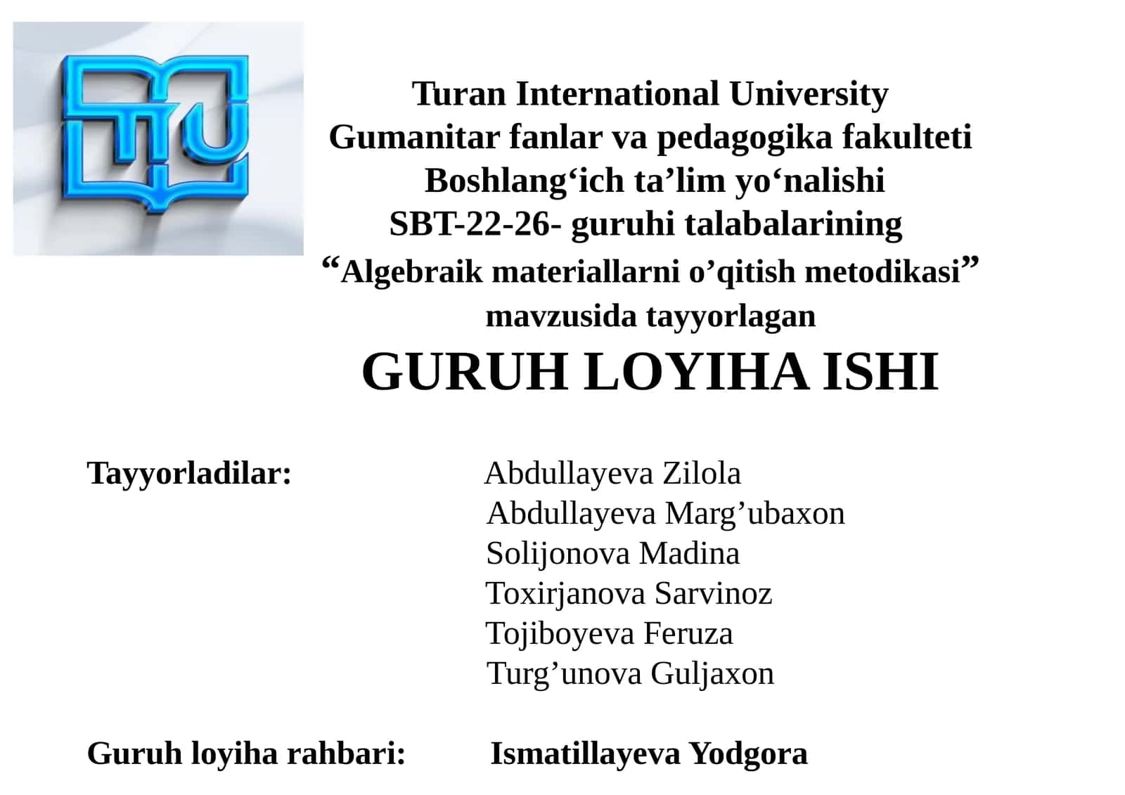 Algebraik materiallarni o'qitish metodikasi