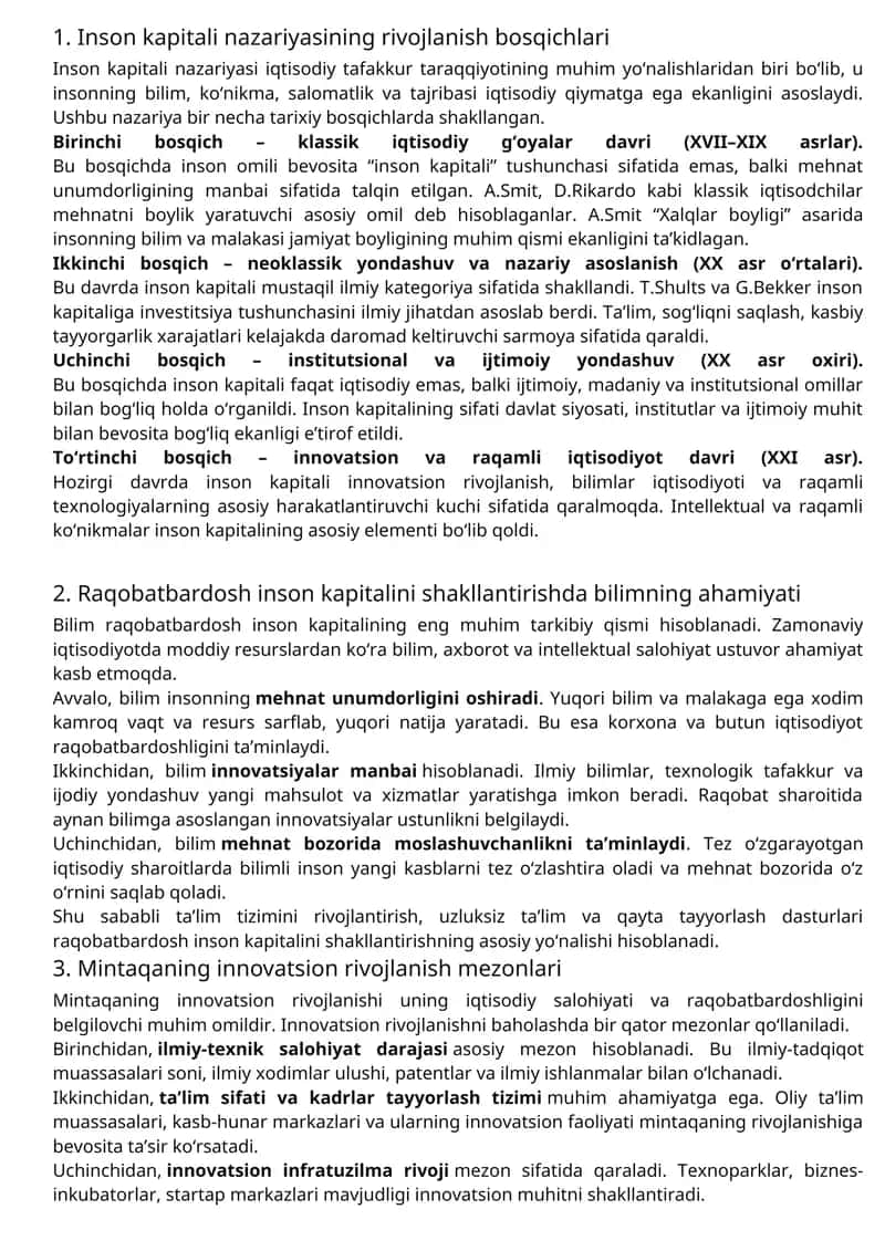 Inson kapitali nazariyasining rivojlanish bosqichlari