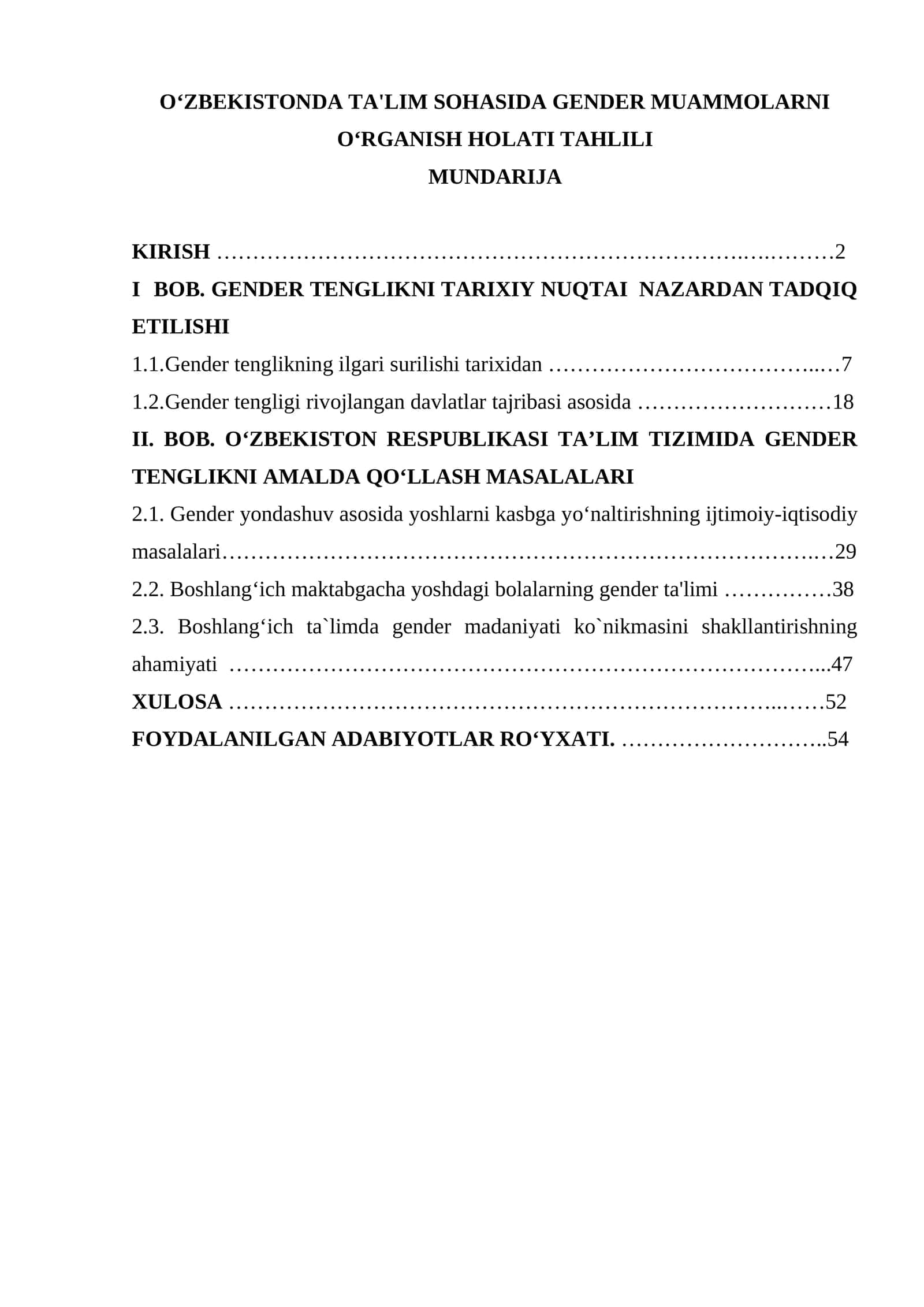 TA'LIM SOHASIDA GENDER MUAMMOLARNI OʻRGANISH HOLATI TAHLILI