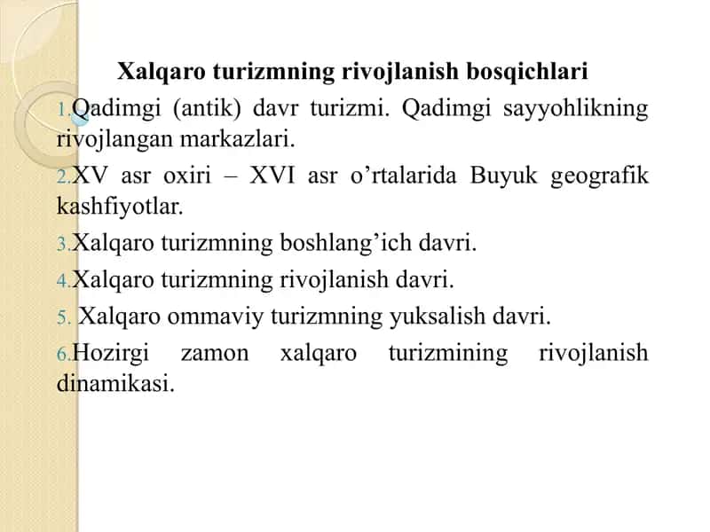 Xalqaro turizmning rivojlanish bosqichlari