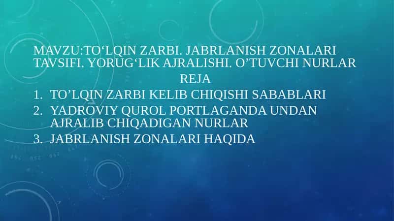 To‘lqin zarbi. Jabrlanish zonalari tavsifi. Yorug‘lik ajralishi. O’tuvchi nurlar