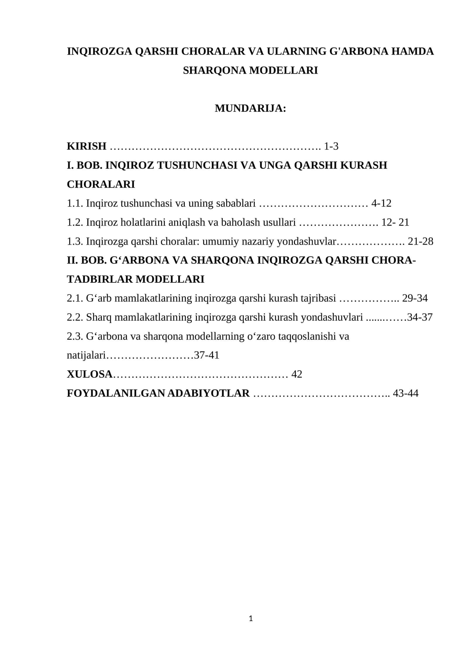 INQIROZGA QARSHI CHORALAR VA ULARNING G'ARBONA HAMDA SHARQONA MODELLARI