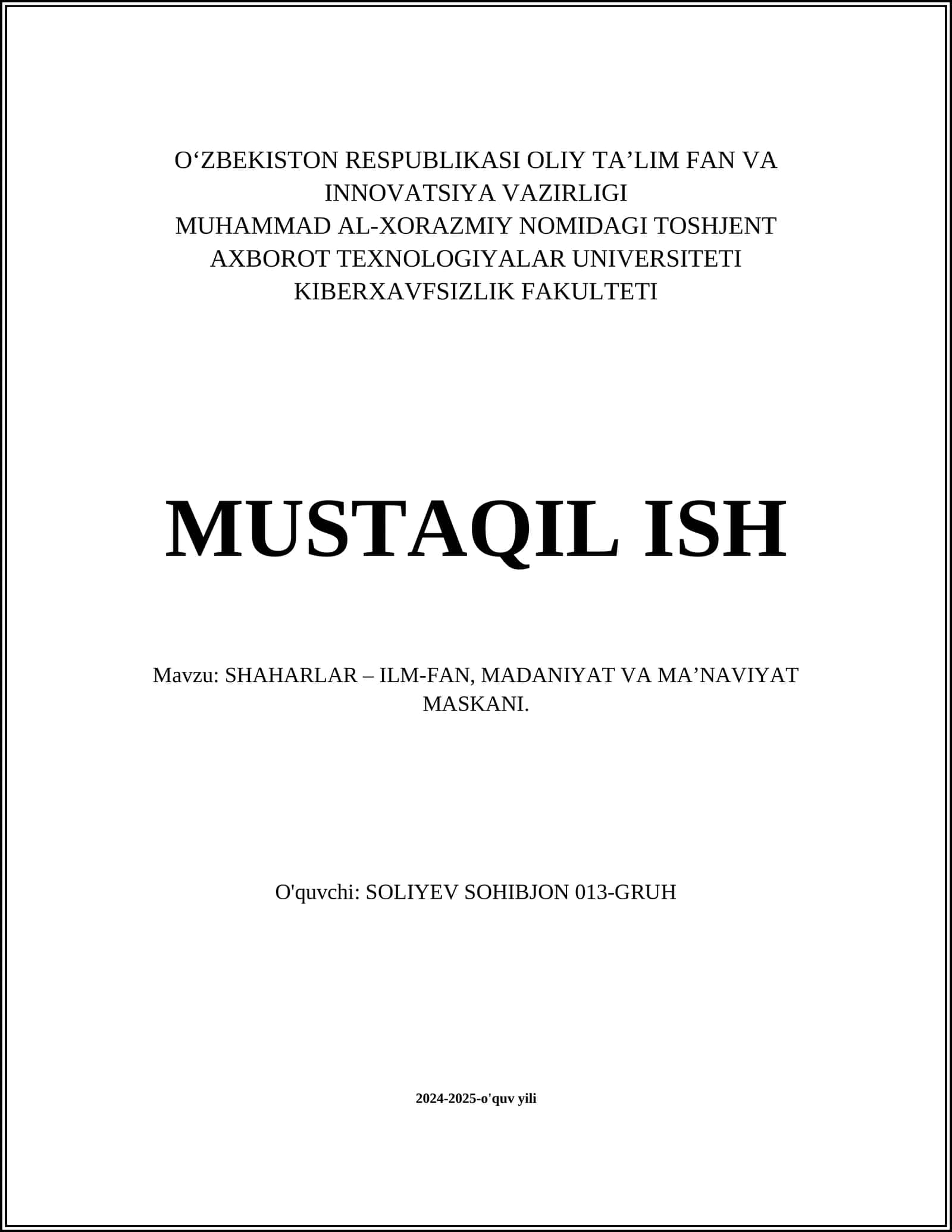 SHAHARLAR – ILM-FAN, MADANIYAT VA MA’NAVIYAT MASKANI