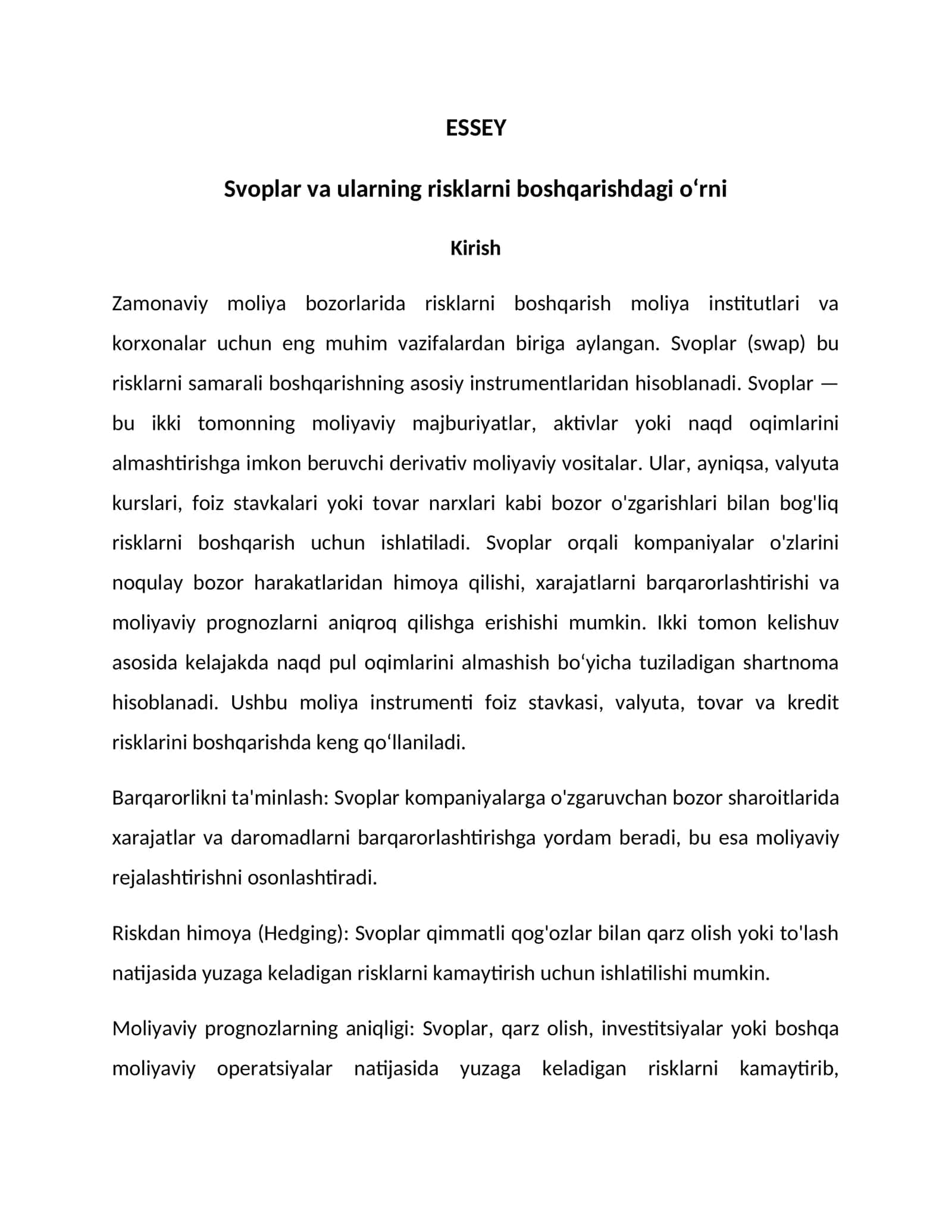 Svoplar va ularning risklarni boshqarishdagi o‘rni