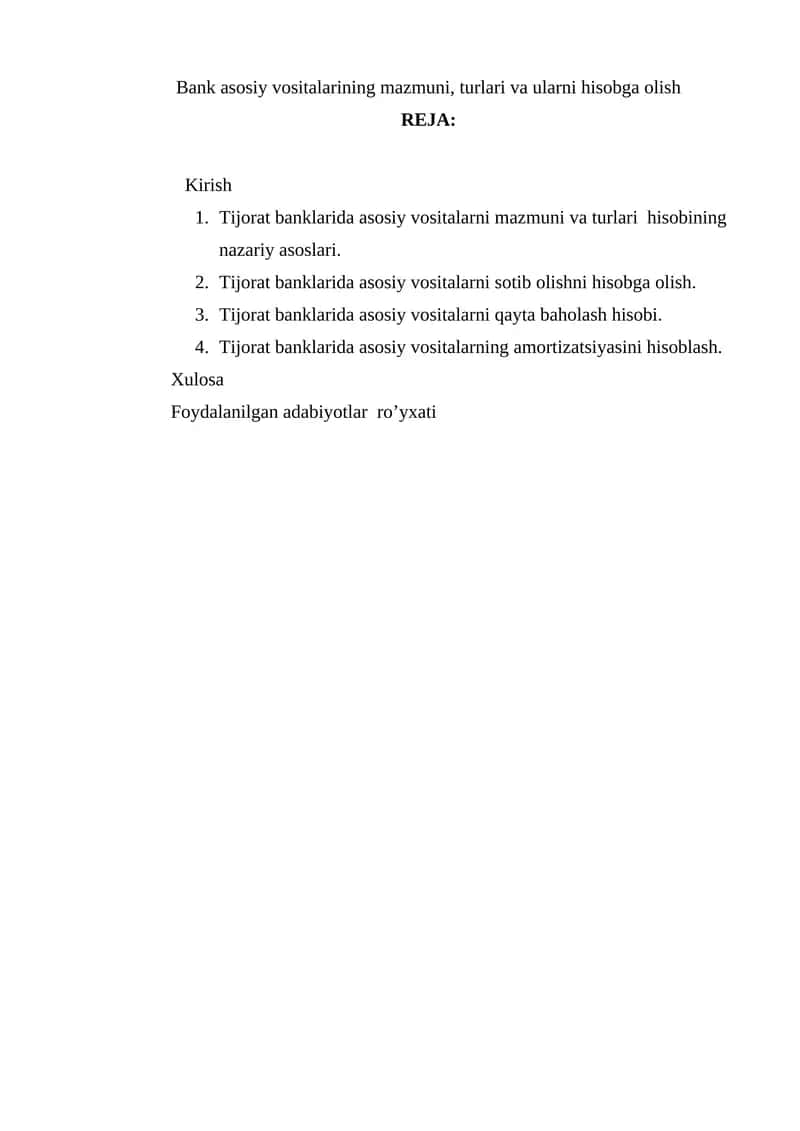 Tijorat banklarida asosiy vositalarni hisobga olish