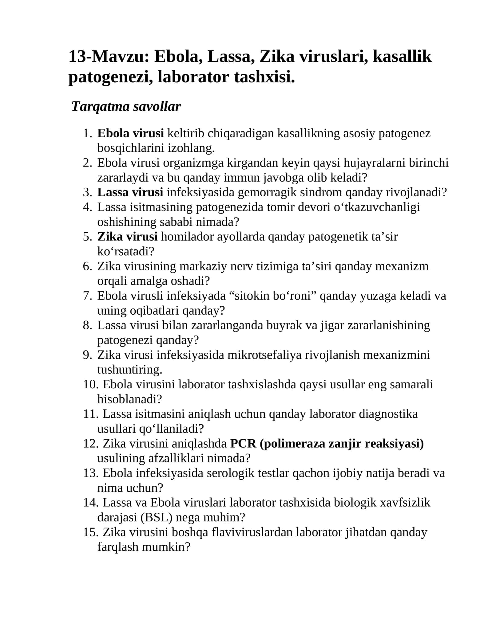 Ebola, Lassa, Zika viruslari, kasallik patogenezi, laborator tashxisi