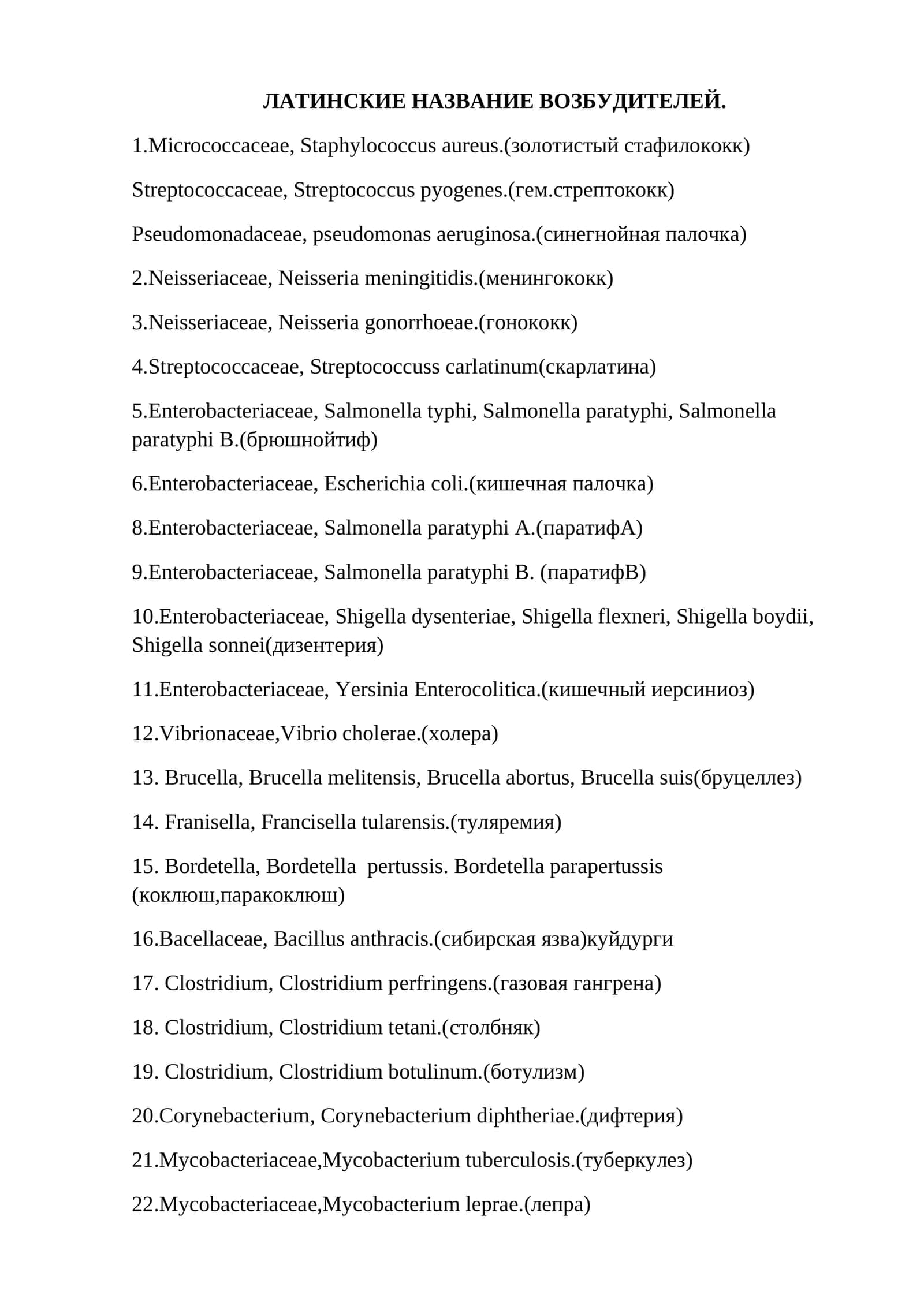 ЛАТИНСКИЕ НАЗВАНИЕ ВОЗБУДИТЕЛЕЙ