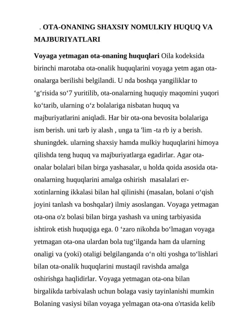 OTA-ONANING SHAXSIY NOMULKIY HUQUQ VA MAJBURIYATLARI