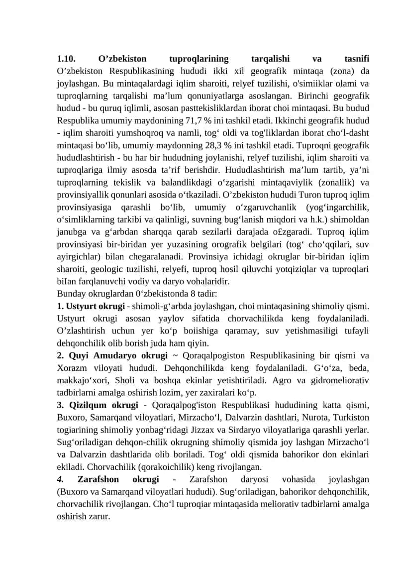 O’zbekiston tuproqlarining tarqalishi va tasnifi