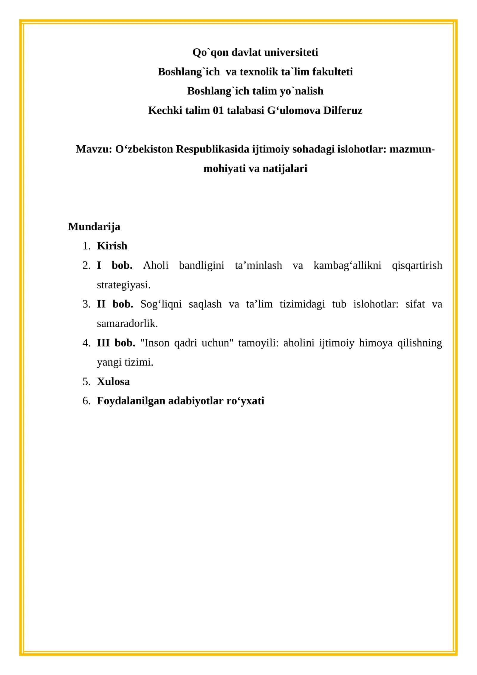 O‘zbekiston Respublikasida ijtimoiy sohadagi islohotlar: mazmun-mohiyati va natijalari