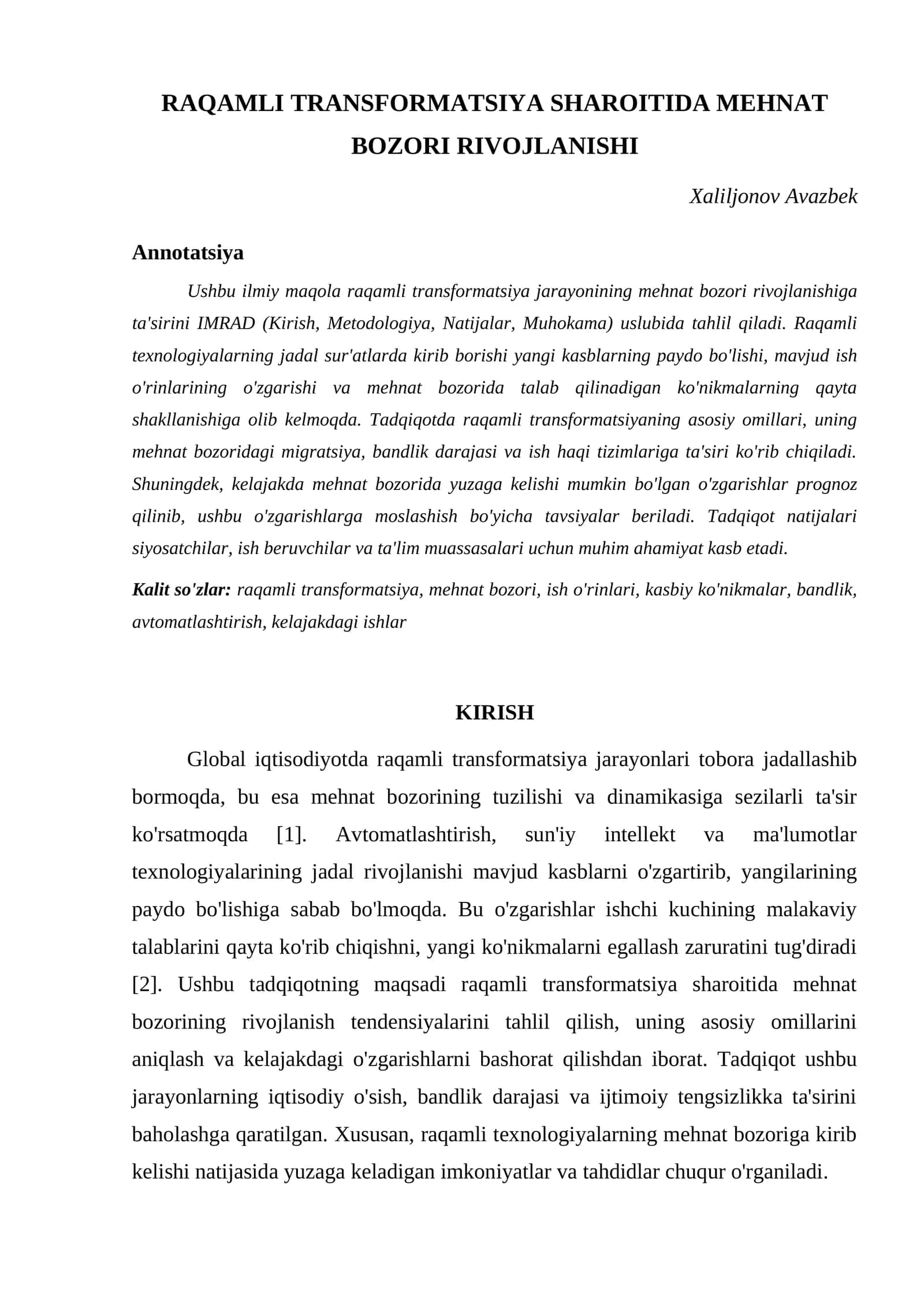 RAQAMLI TRANSFORMATSIYA SHAROITIDA MEHNAT BOZORI RIVOJLANISHI