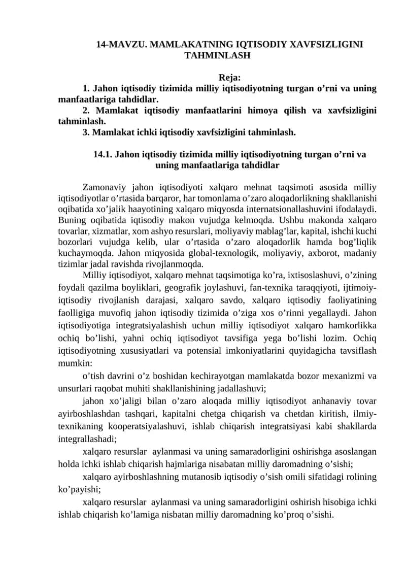 MAMLAKATNING IQTISODIY XAVFSIZLIGINI TAHMINLASH