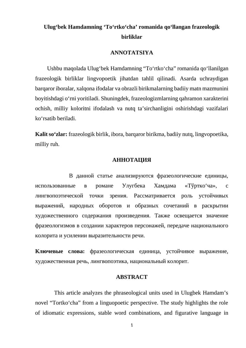 "To‘rtko‘cha" romanida qo‘llangan frazeologik birliklar