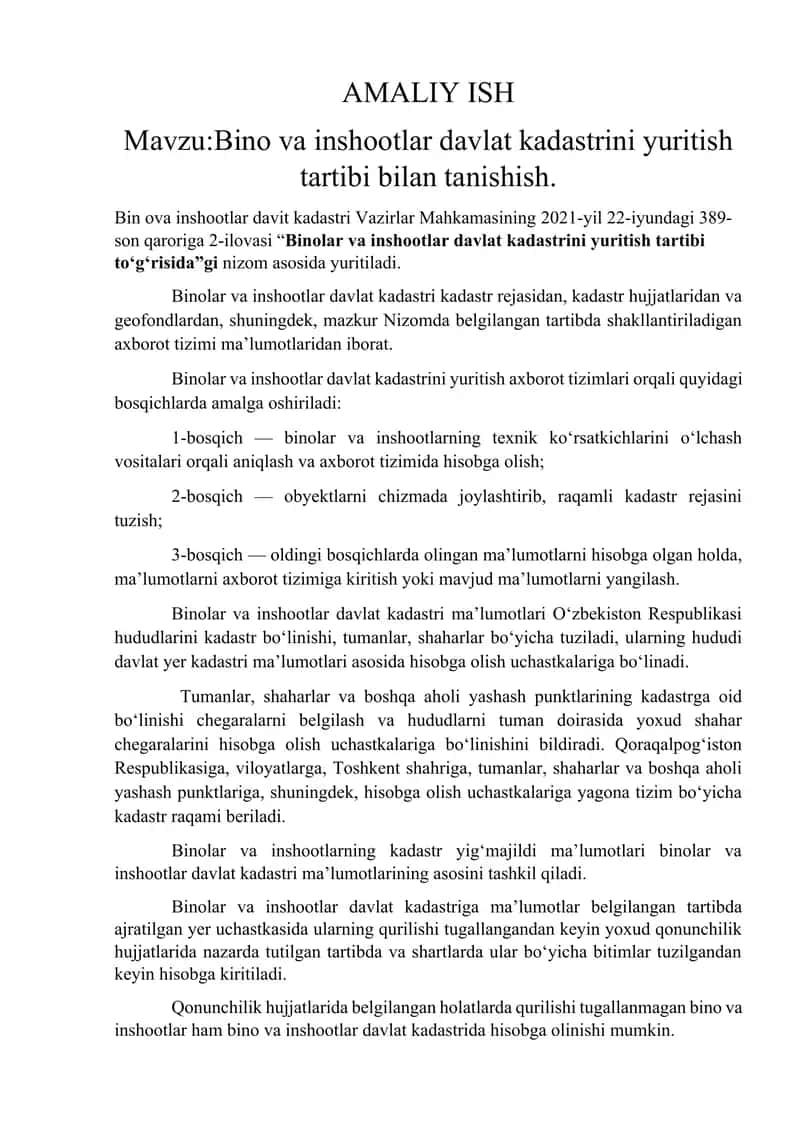 Bino va inshootlar davlat kadastrini yuritish tartibi