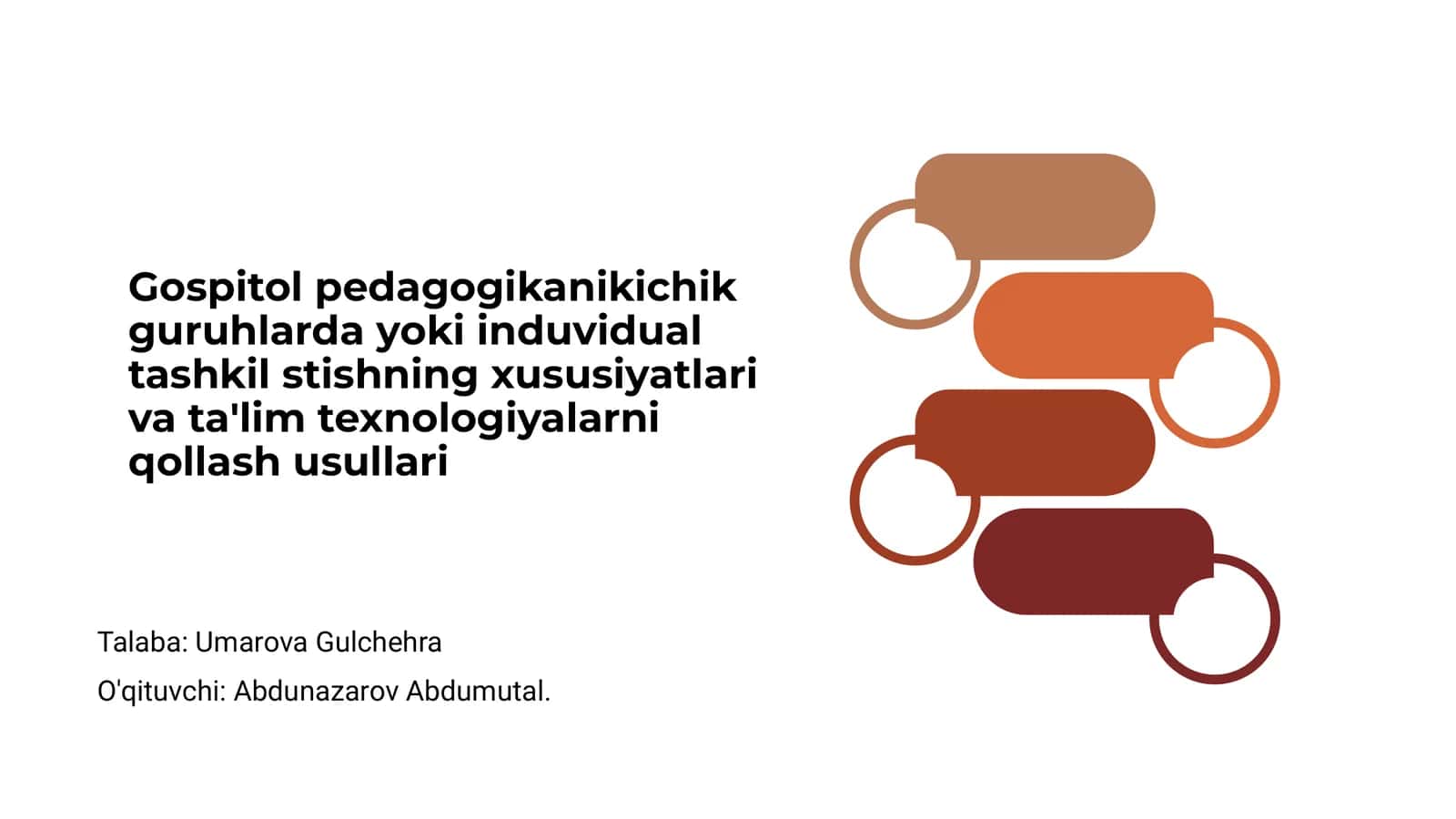 Gospitol pedagogikanikichik guruhlarda yoki induvidual tashkil stishning xususiyatlari va ta'lim texnologiyalarni qollash usullari