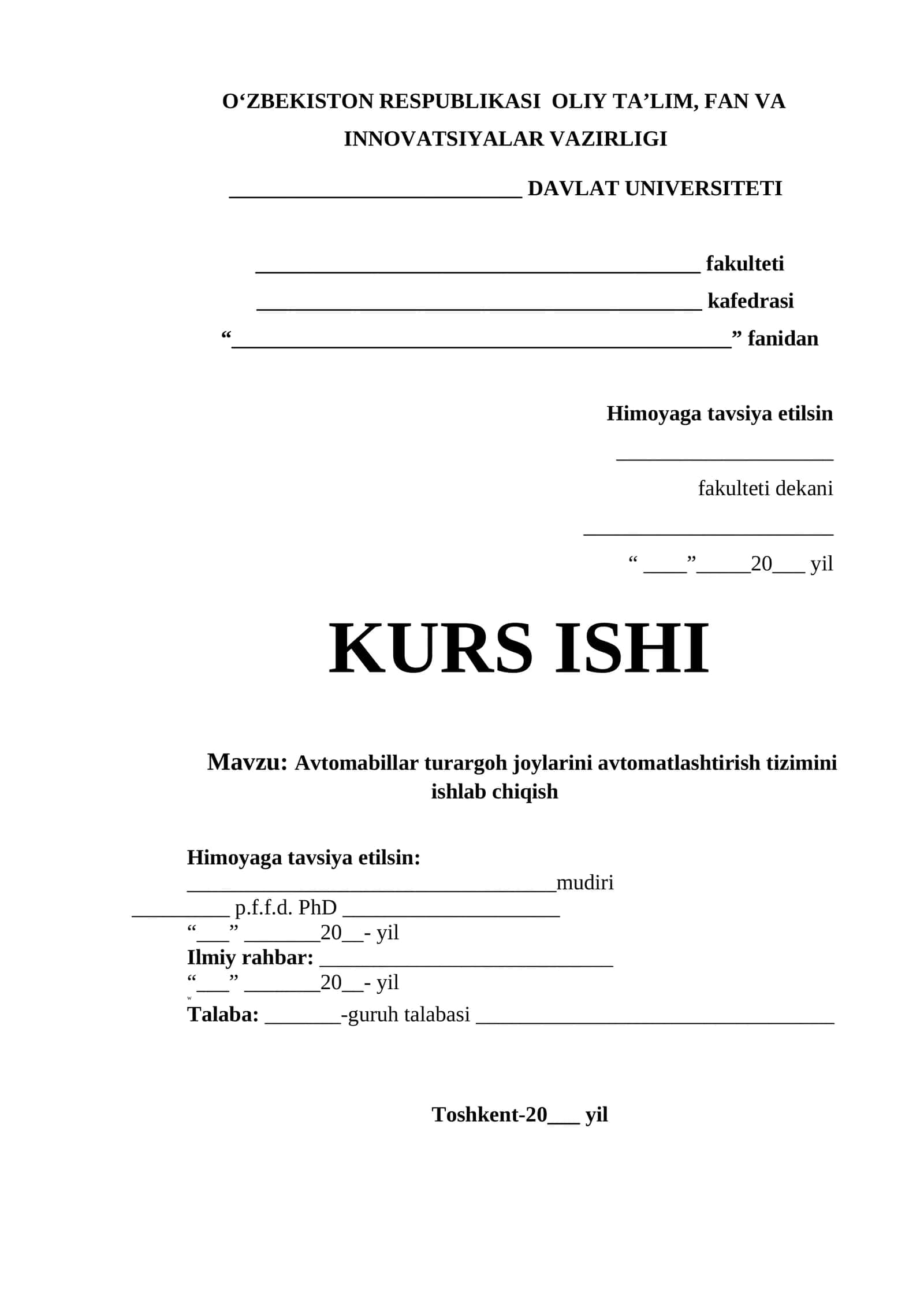 Avtomabillar turargoh joylarini avtomatlashtirish tizimini ishlab chiqish