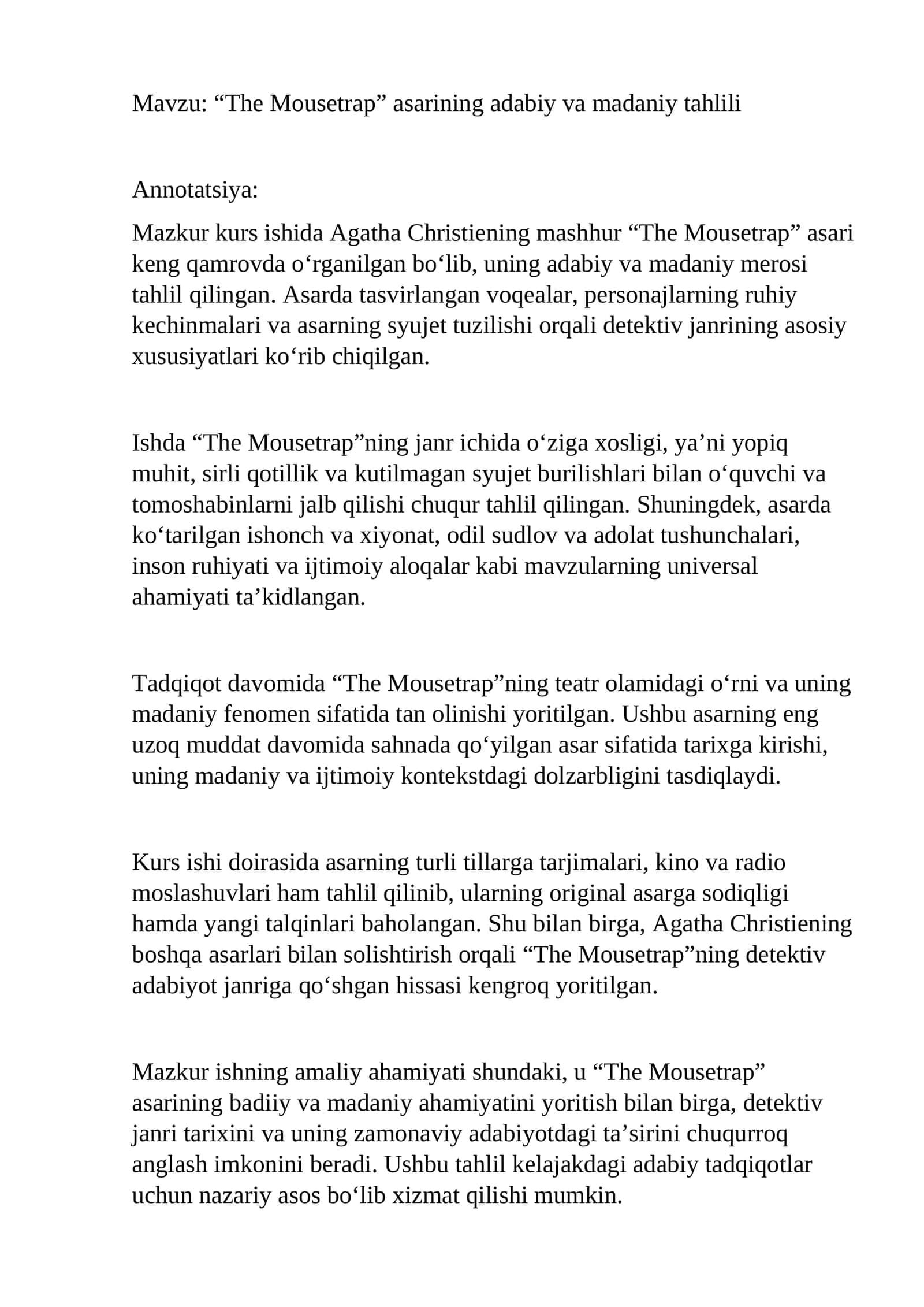 “The Mousetrap” asarining adabiy va madaniy tahlili