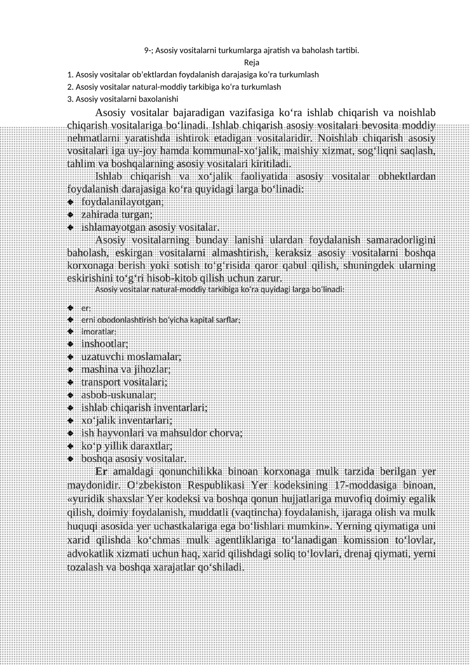 Asosiy vositalarni turkumlarga ajratish va baholash tartibi