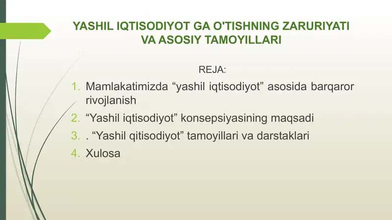YASHIL IQTISODIYOT GA O'TISHNING ZARURIYATI VA ASOSIY TAMOYILLARI