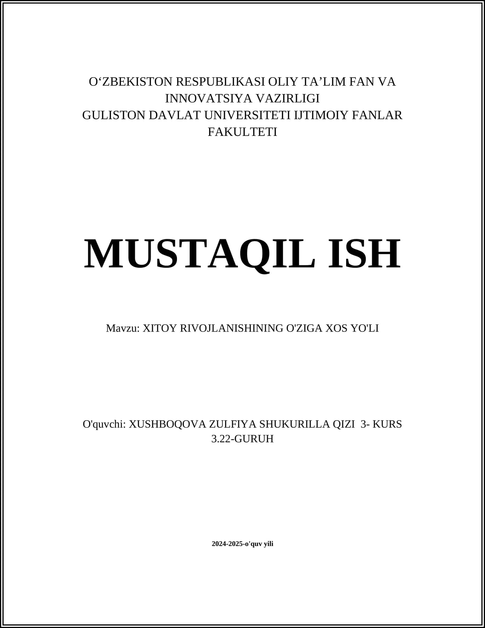 XITOY RIVOJLANISHINING O'ZIGA XOS YO'LI