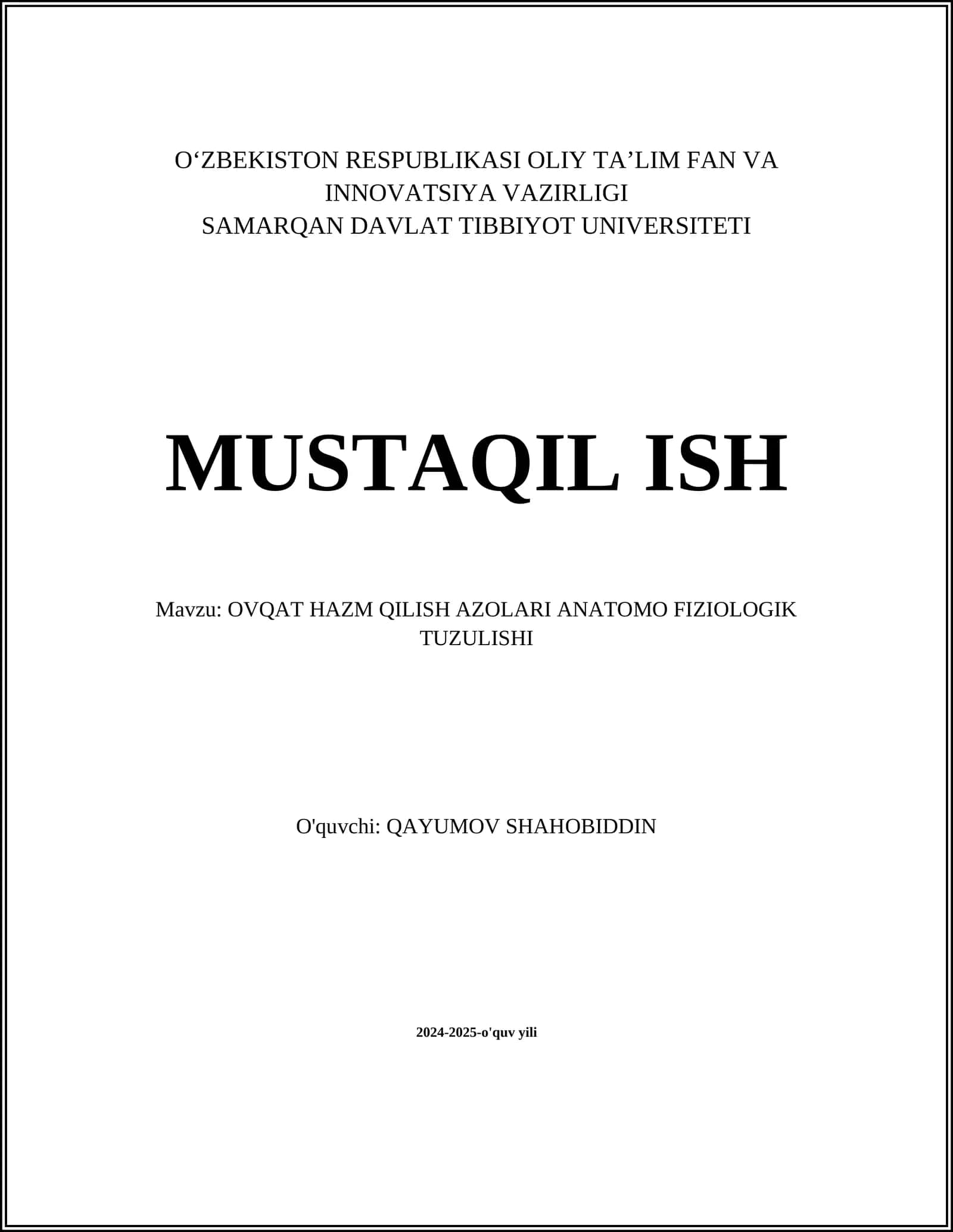 OVQAT HAZM QILISH AZOLARI ANATOMO FIZIOLOGIK TUZULISHI