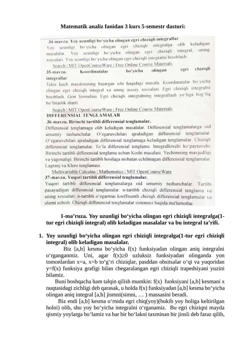 Yoy uzunligi boʻyicha olingan egri chiziqli integralga