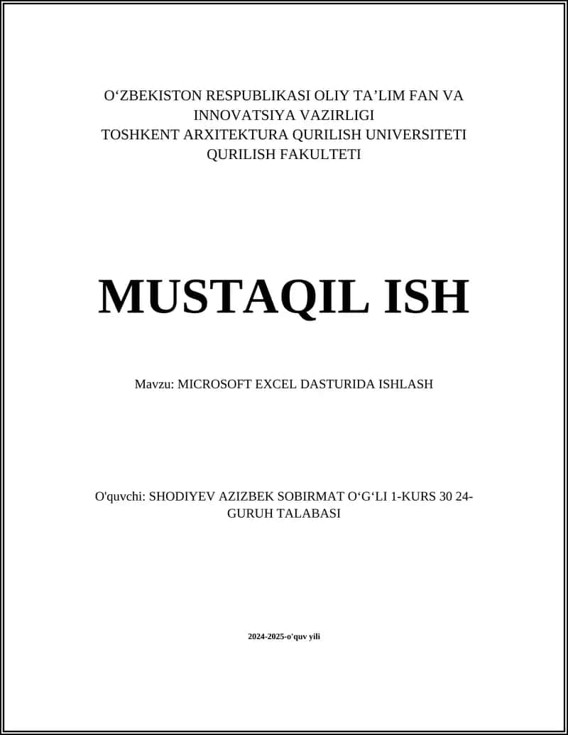 MICROSOFT EXCEL DASTURIDA ISHLASH