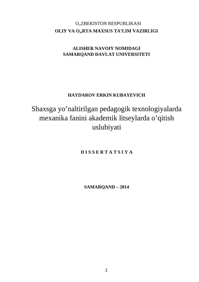 Shaxsga yo’naltirilgan pedagogik texnologiyalarda mexanika fanini akademik litseylarda o’qitish uslubiyati