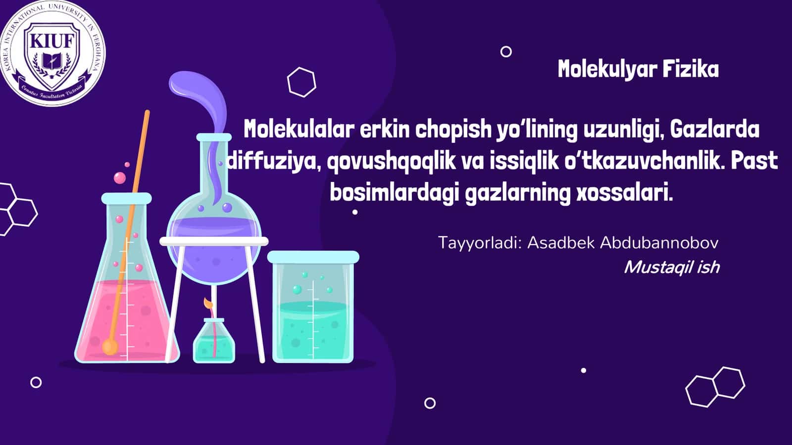 Molekulyar fizika: erkin chopish yo'li, diffuziya, qovushqoqlik va issiqlik o'tkazuvchanlik (23 slaydli taqdimot)