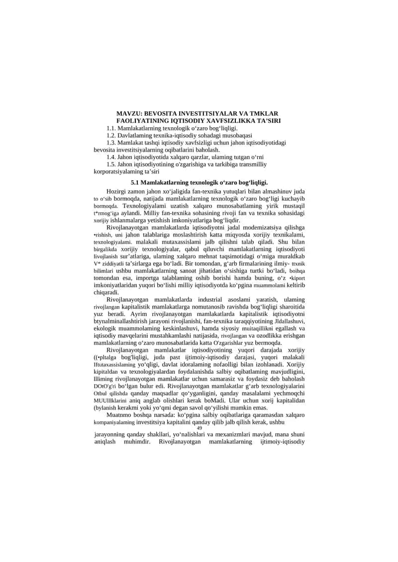 BEVOSITA INVESTITSIYALAR VA TMKLAR FAOLIYATINING IQTISODIY XAVFSIZLIKKA TA’SIRI