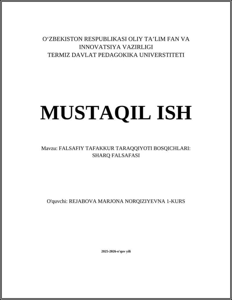 FALSAFIY TAFAKKUR TARAQQIYOTI BOSQICHLARI: SHARQ FALSAFASI