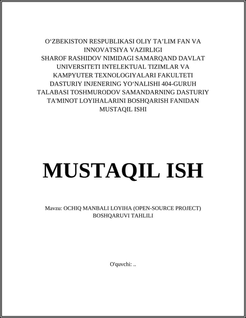OCHIQ MANBALI LOYIHA (OPEN-SOURCE PROJECT) BOSHQARUVI TAHLILI