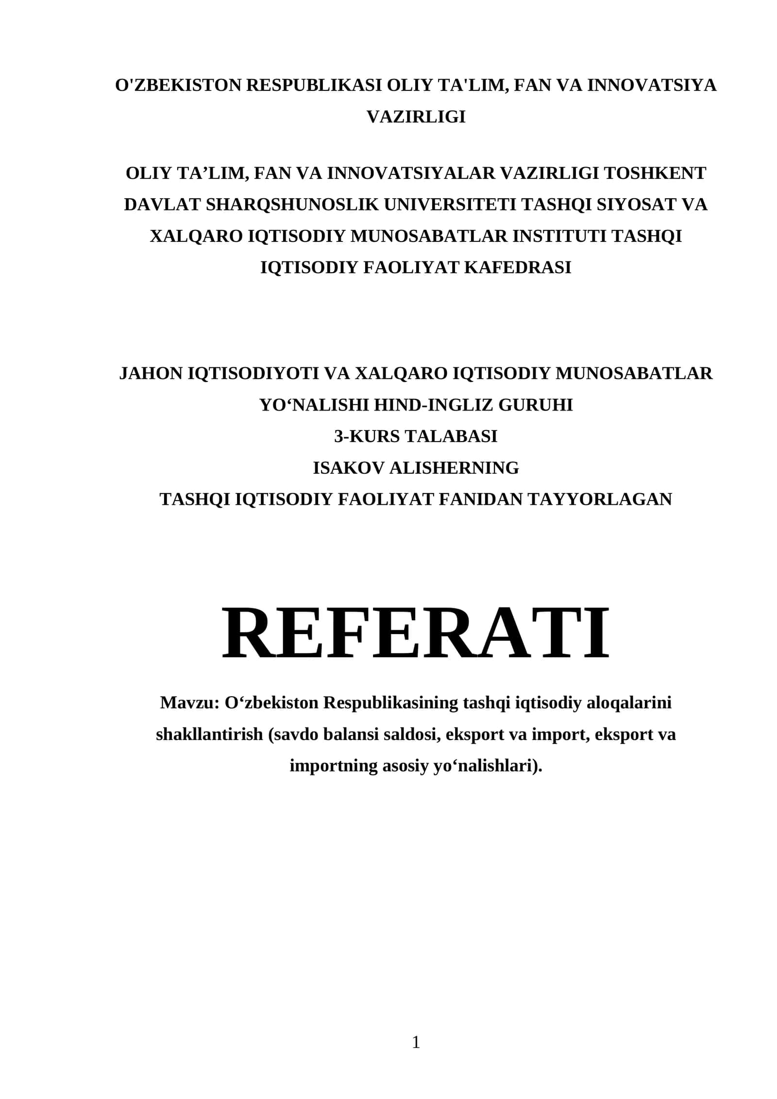 Tashqi Iqtisodiy Faoliyat Referati