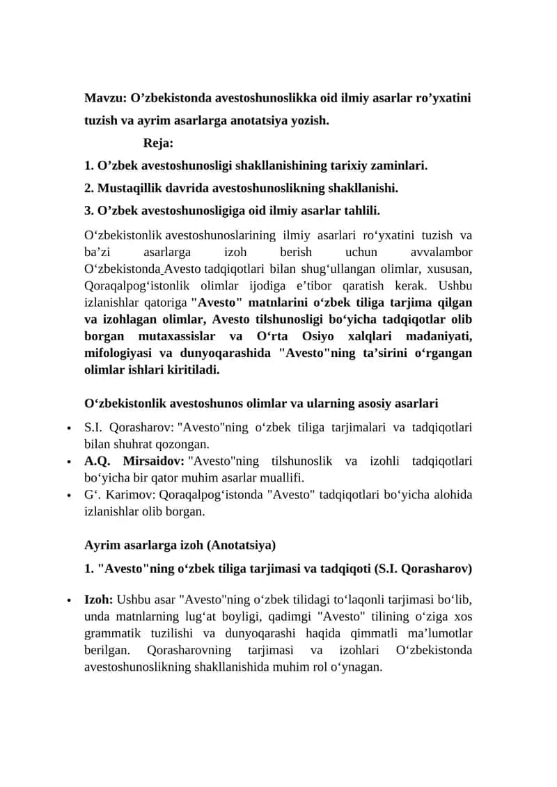 O‘zbekistonda avestoshunoslikka oid ilmiy asarlar ro’yxatini tuzish va ayrim asarlarga anotatsiya yozish