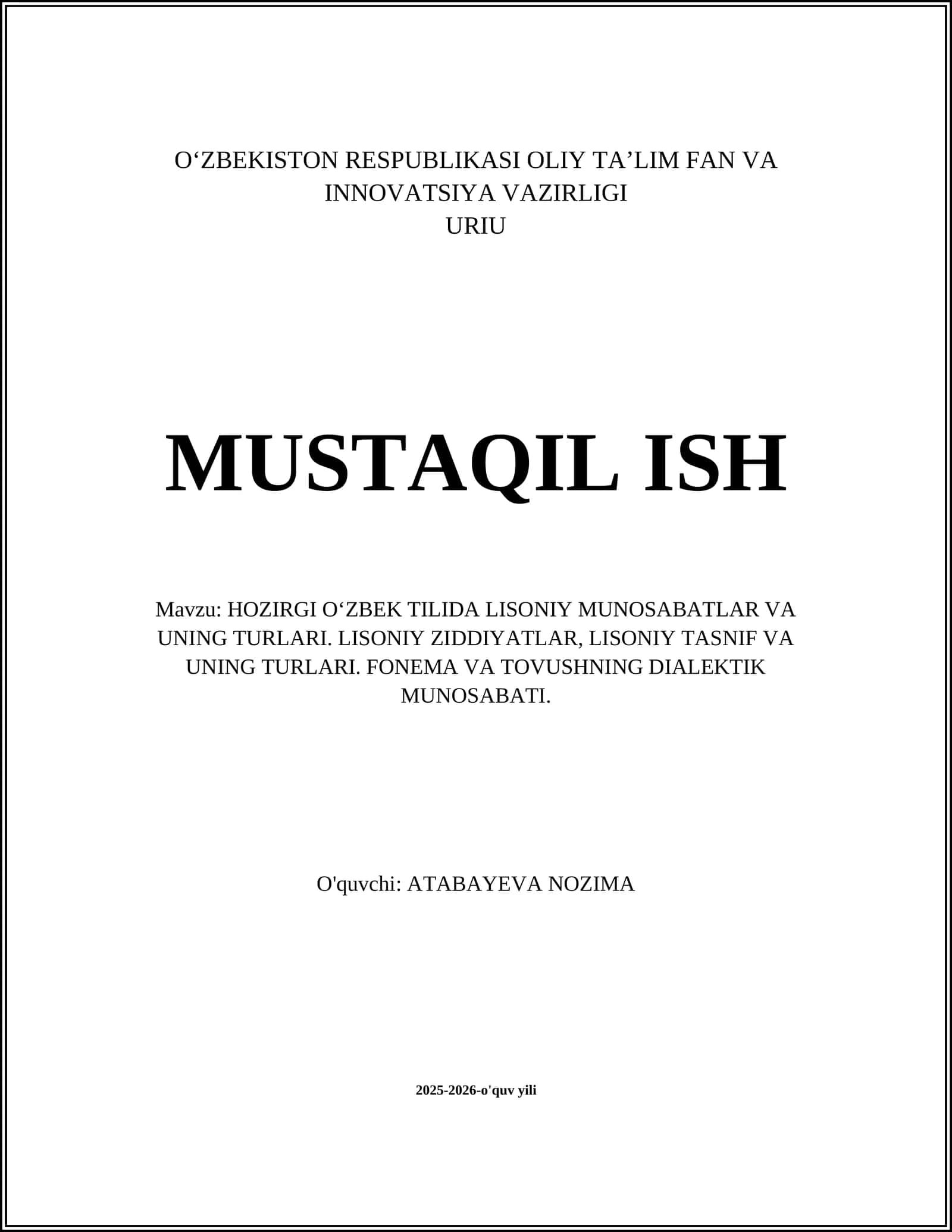 HOZIRGI O‘ZBEK TILIDA LISONIY MUNOSABATLAR VA UNING TURLARI