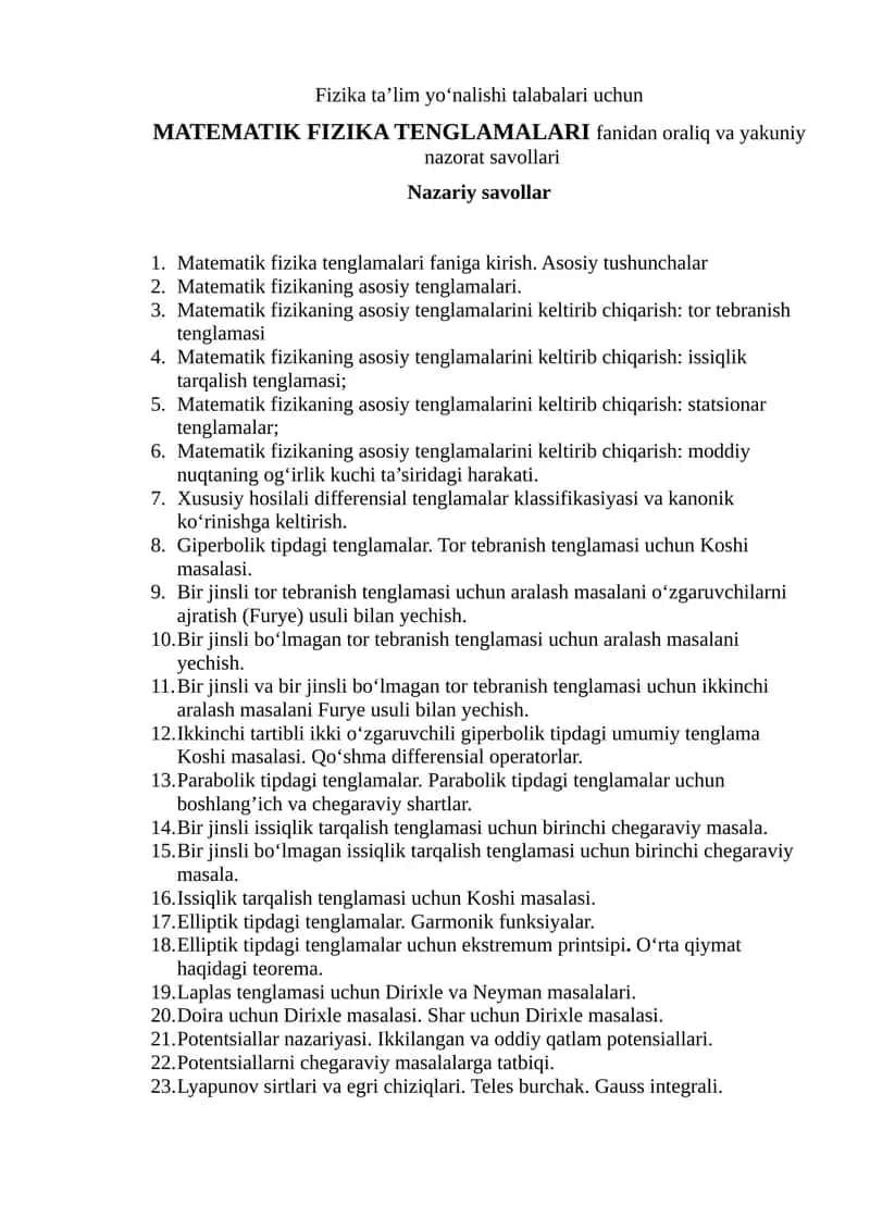 MATEMATIK FIZIKA TENGLAMALARI