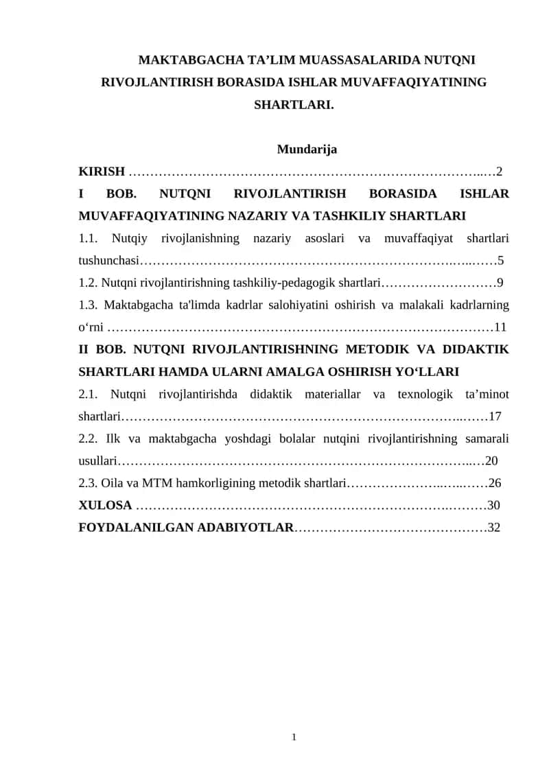 Nutqni rivojantirishning tashkiliy-pedagogik shartlari