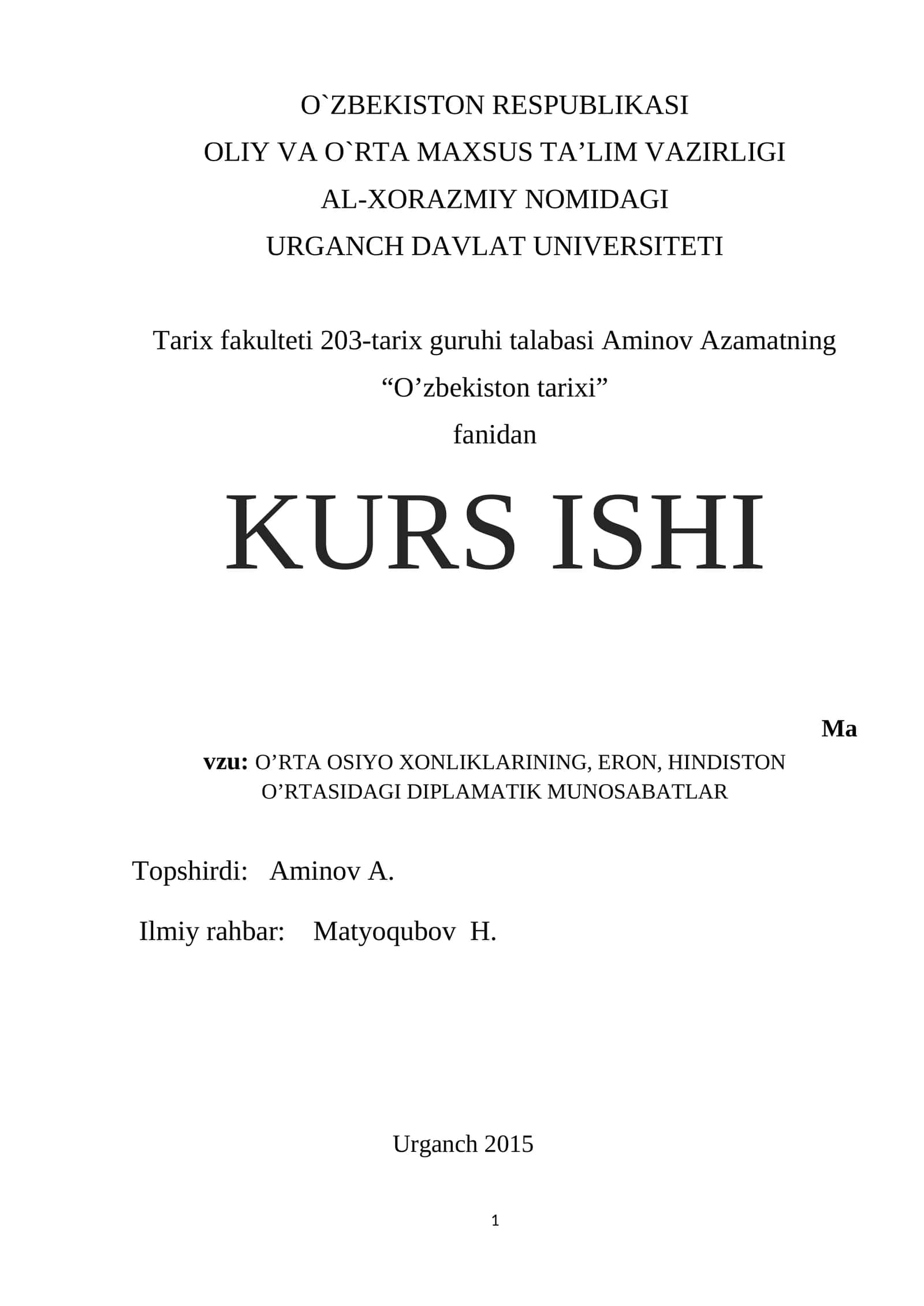O’RTA OSIYO XONLIKLARINING, ERON, HINDISTON O’RTASIDAGI DIPLAMATIK MUNOSABATLAR