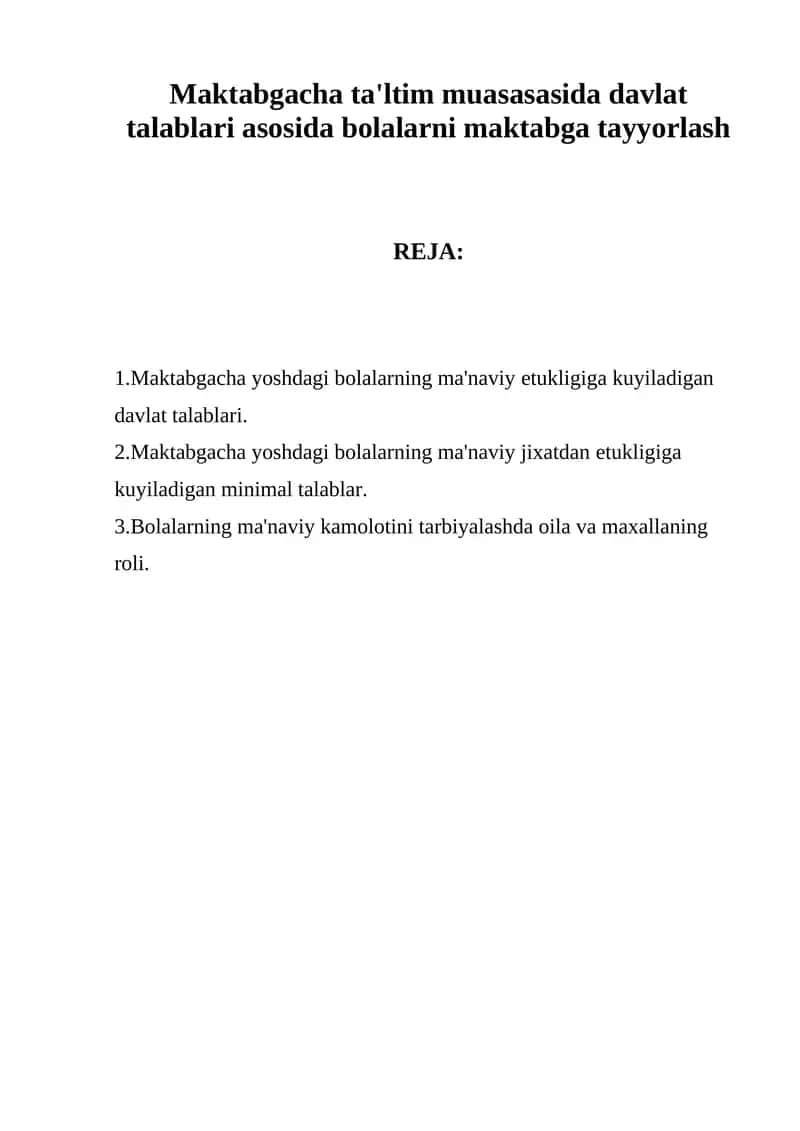 Maktabgacha ta'ltim muasasasida davlat talablari asosida bolalarni maktabga tayyorlash