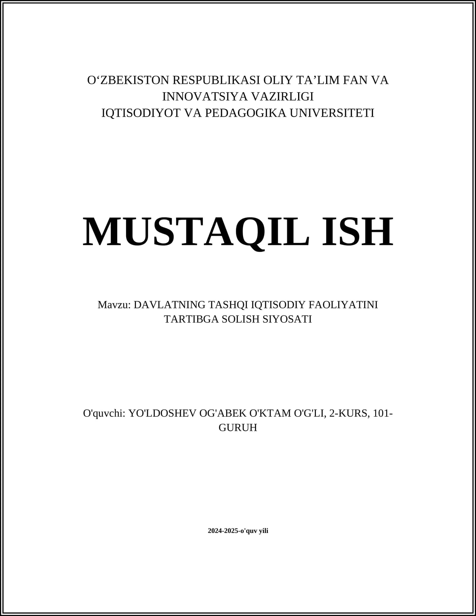 DAVLATNING TASHQI IQTISODIY FAOLIYATINI TARTIBGA SOLISH SIYOSATI