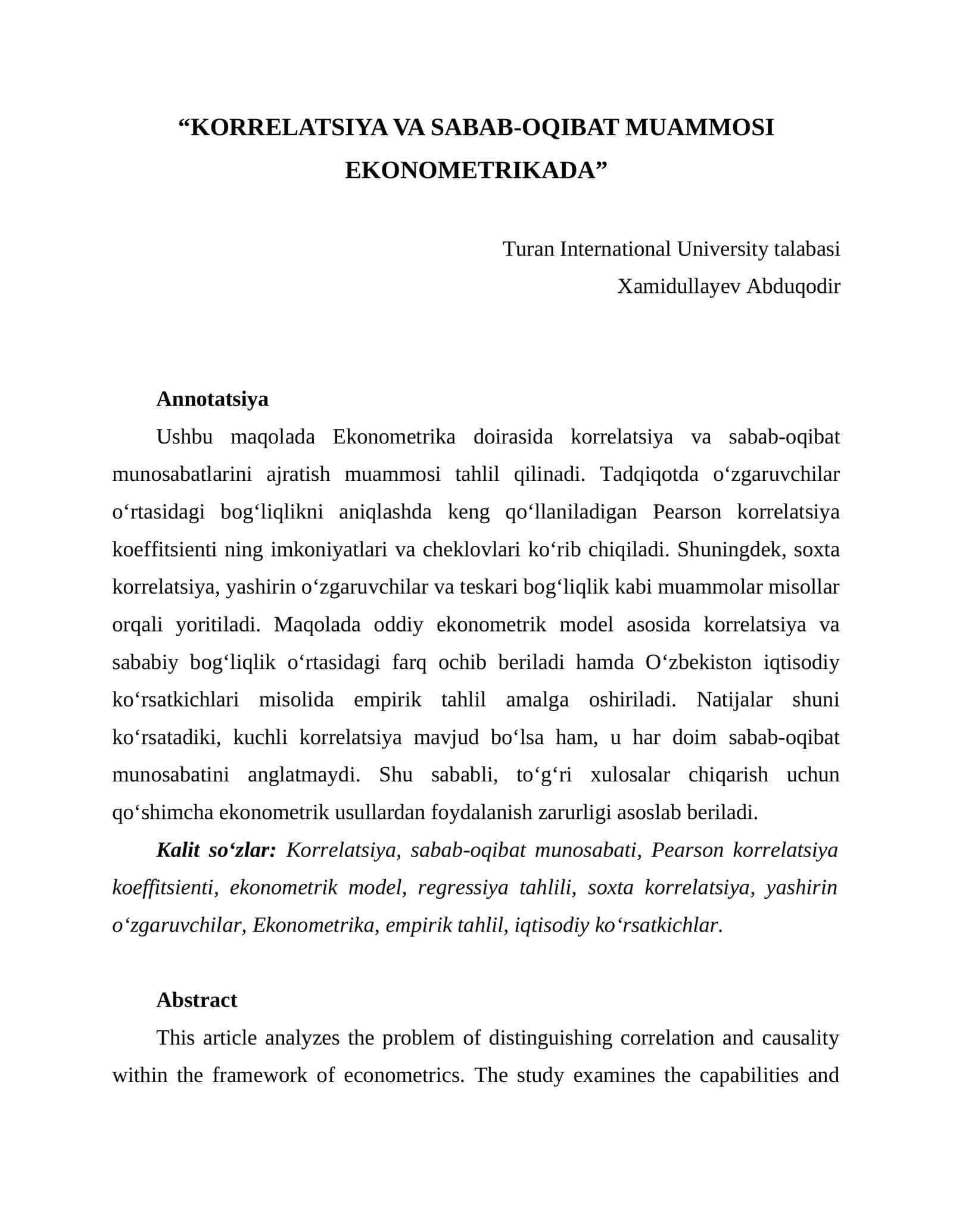 KORRELATSIYA VA SABAB-OQIBAT MUAMMOSI EKONOMETRIKADA