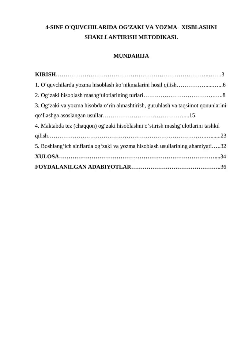 4-SINF O'QUVCHILARIDA OG'ZAKI VA YOZMA XISBLASHNI SHAKLLANTIRISH METODIKASI