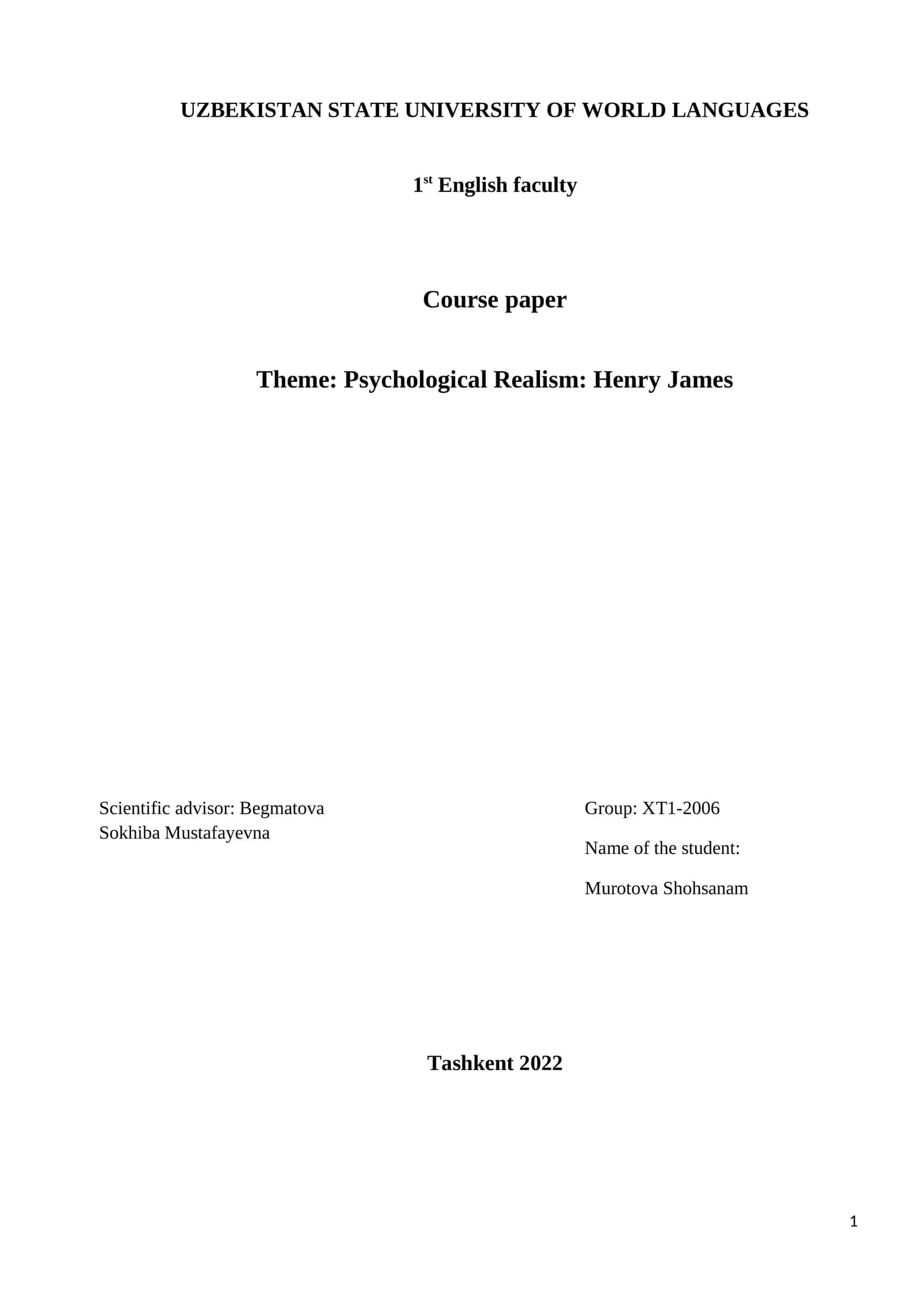 Psychological Realism: Henry James