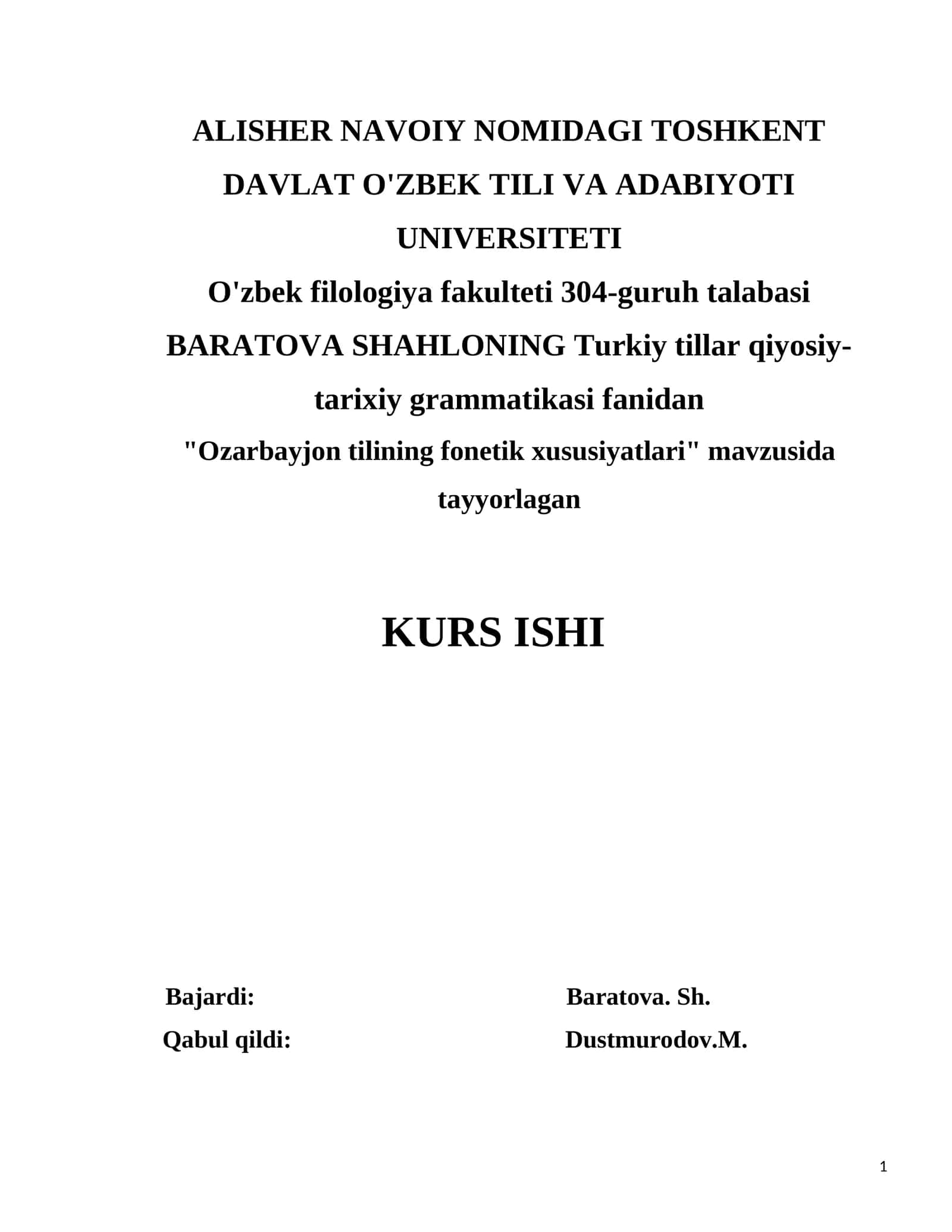 "Ozarbayjon tilining fonetik xususiyatlari" kurs isi