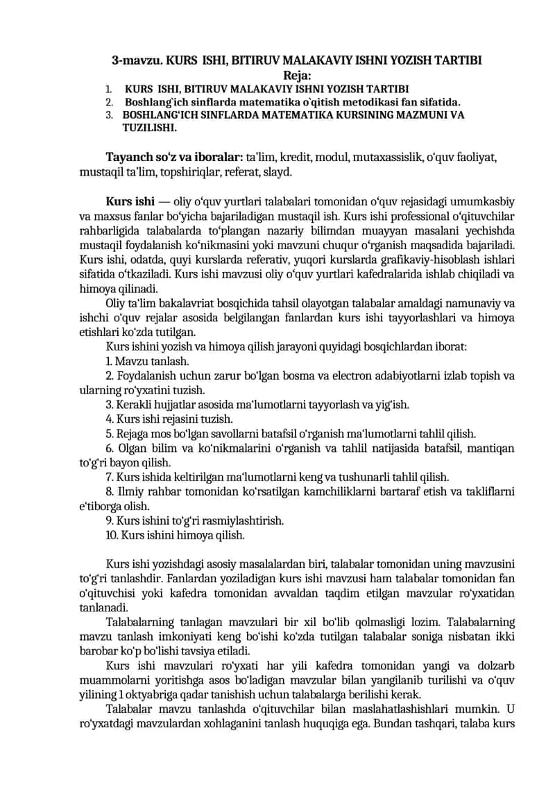 KURS ISHI, BITIRUV MALAKAVIY ISHNI YOZISH TARTIBI