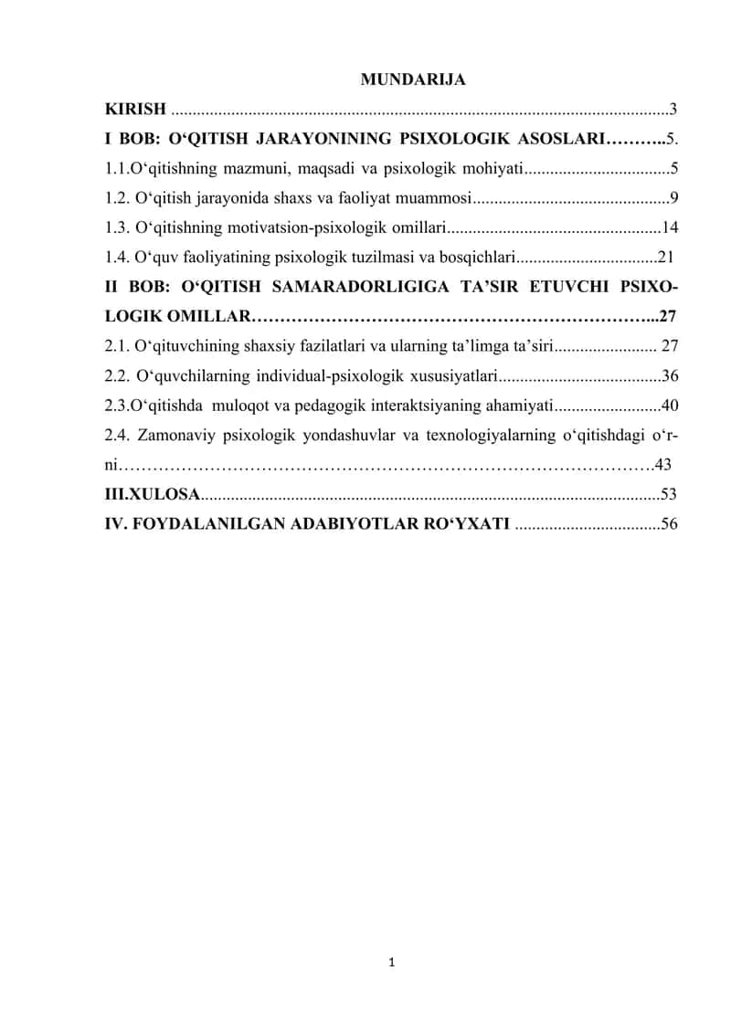 O‘QITISH JARAYONINING PSIXOLOGIK ASOSLARI